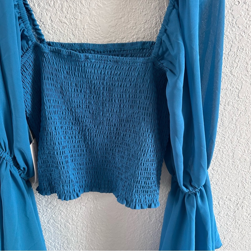 Teal Smocked Crop Top NWT Sheer Bell Sleeve Boho Cottagecore Festival Top M - Picture 8 of 16